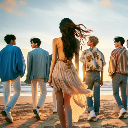 Stylish K-Pop Band and Woman on Beach at Sunset