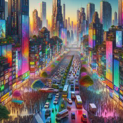 Vibrant Cityscape: Multicolored Skyscrapers & Lively Streets