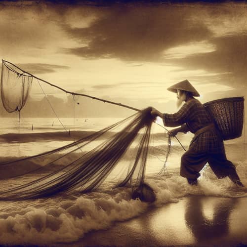 Vintage Fisherman Pulling Up Fishing Net from Sea