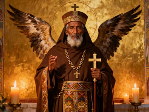 Ethiopian Orthodox Monk with Majestic Wings and Cross