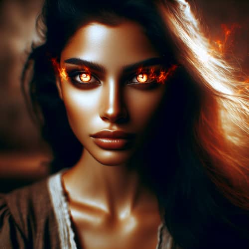 Fiery Gaze Woman - Mysterious Strength and Resilience