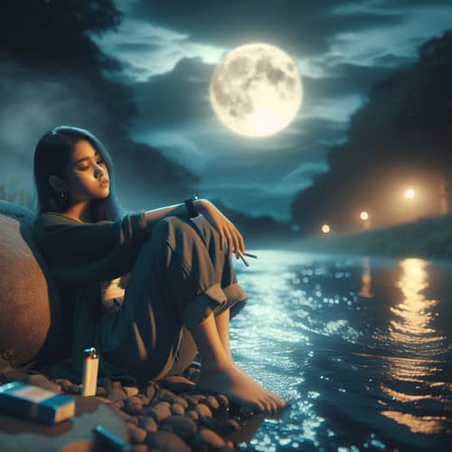 Serenely Flowing River Night Scene: South Asian Teenage Girl Under Moonlight