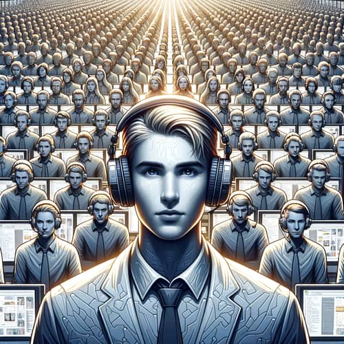Computer Characters Arranged Around a Young Man in Headphones