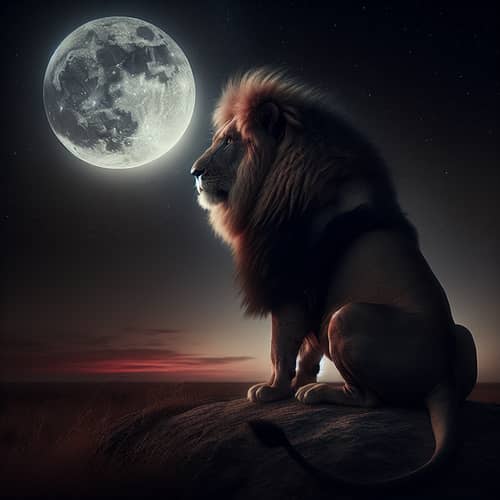 Large-Maned Lion Observing the Full Moon