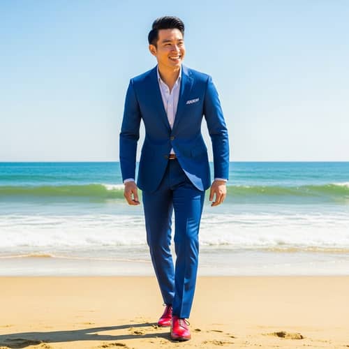 Smiling Person in Blue Outfit at the Beach