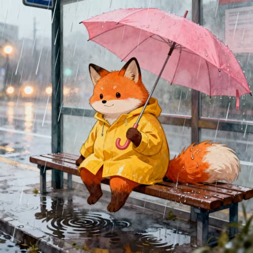 Anthropomorphic Furry at Bus Stop in Rainy Anime Style