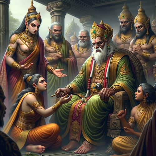 King Daśaratha Grants Rāma's Exile: Loyalty, Determination, and Somberness