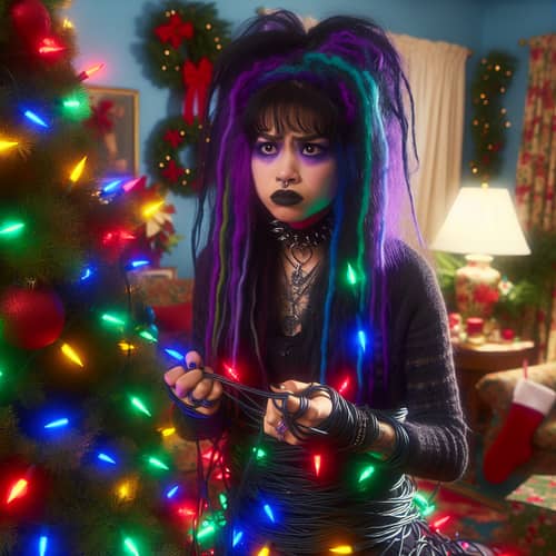 Hispanic Goth Girl Entangled in Christmas Lights Decorating Tree