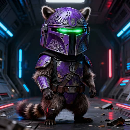 Raccoon in Purple Mandalorian Helmet Raccoon in Purple Mandalorian Helmet