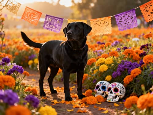 Black Labrador in Day of the Dead Flower Field