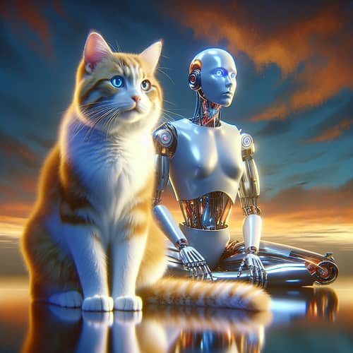 Captivating Cat and Android Scene | Serene Mutual Curiosity