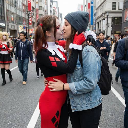 Beautiful Girl Kissing Harley Quinn - Captivating Art Beautiful Girl Kissing Harley Quinn - Captivating Art