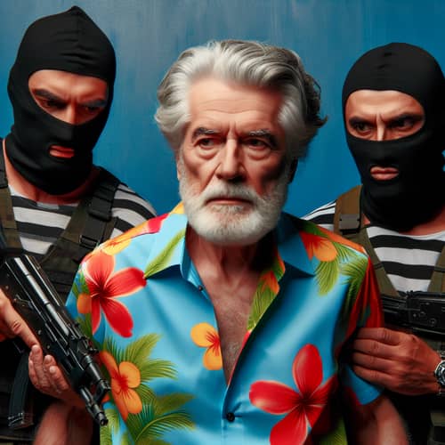 Dramatic Scene: Senior Man in Hawaiian Shirt Captured by Armed Duo