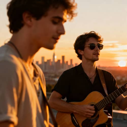 Sunset City Skyline with Guitarist Friends