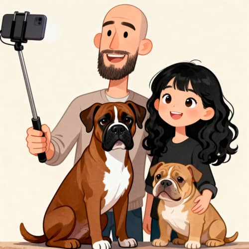 Cartoon Selfie of a Couple and Their Dogs Cartoon Selfie of a Couple and Their Dogs