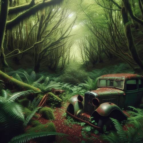 Abandoned Vintage Car in Lush Forest - Captivating Scene