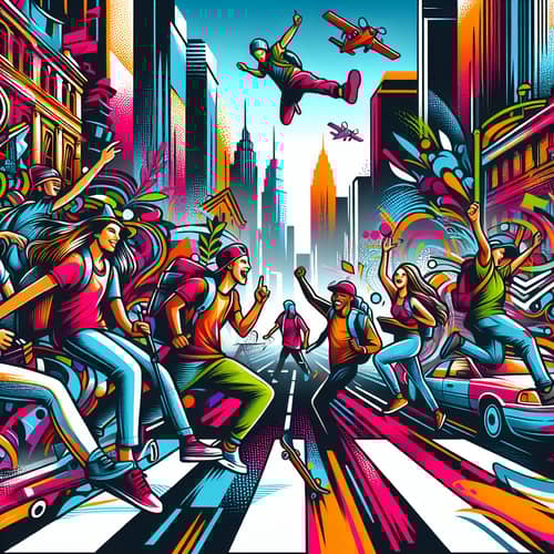 Energetic Travelers in Vibrant Graffiti Style Urban Adventure