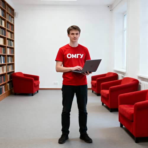 Young Programmer in Red Shirt with Laptop Young Programmer in Red Shirt with Laptop