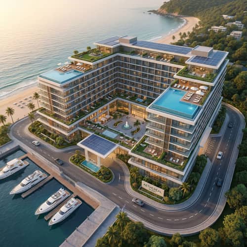 Stunning Aerial View of a Modern Hotel - 3D Render Stunning Aerial View of a Modern Hotel - 3D Render