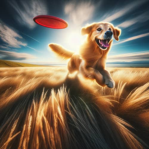 Cheerful Golden Retriever Playing in Sunlit Field