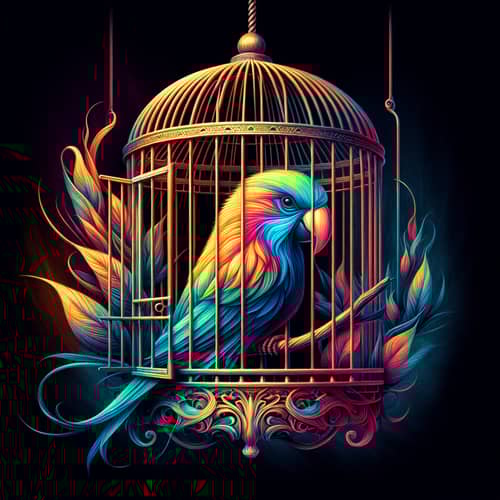 Colorful Exotic Bird in Vintage Birdcage - Fantasy Artwork