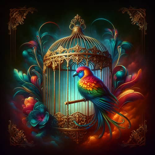 Exotic Bird in Vintage Birdcage | Surreal Fantasy Artistry