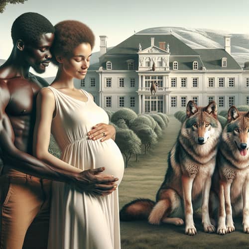 Romantic Pose of Man and Pregnant Woman with Wolves and Grand Mansion