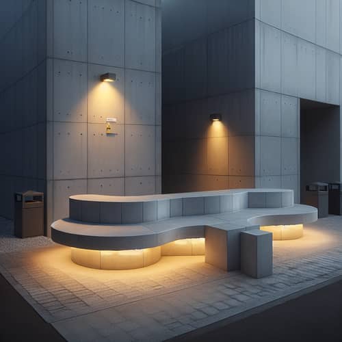 Exterior Concrete Bench in Two Semicircles | Gray, Warm Lighting
