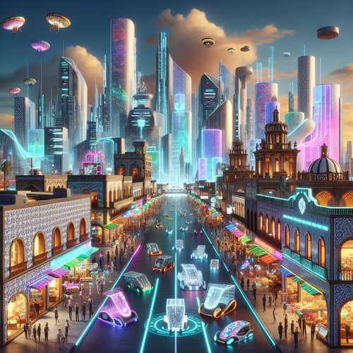 Futuristic Mexican Cityscape | Hi-Tech Skyscrapers & Robotic Mariachi Bands