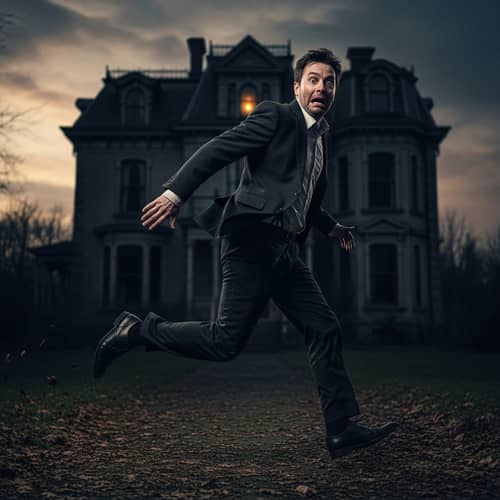 Frightened Man in Suit Escapes a House