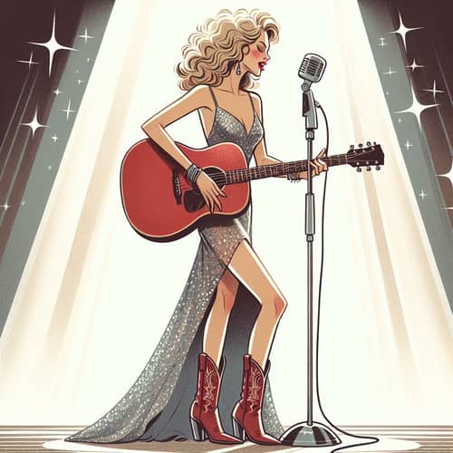 Blonde Female Musician Playing Red Acoustic Guitar - Pop & Country Music Scene