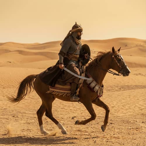 Muslim Warrior on Horseback in Desert Landscape