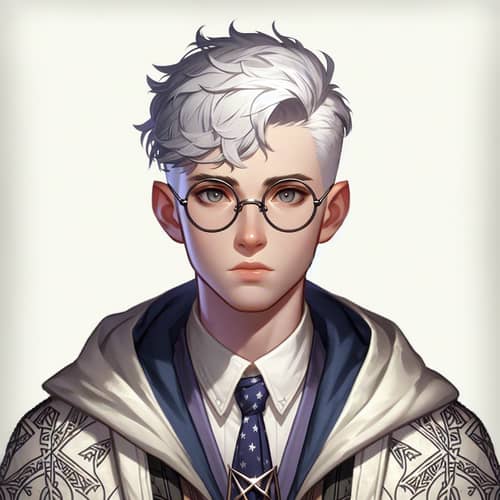 Young ENTP Wizard with Short White Hair and Round Glasses
