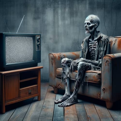 Zombie Watching TV - Creepy Image of Couch Potato Undead
