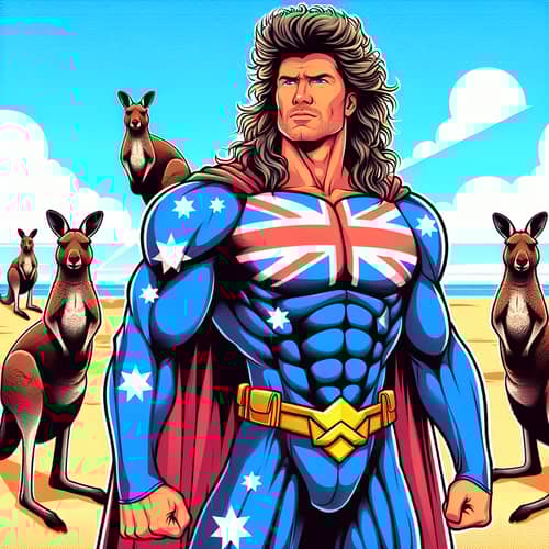 Mullet-Haired Australian Superhero on Beach with Kangaroo Squad