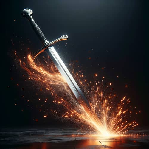 Broad-Bladed Sword Sparks Scraping Black Floor