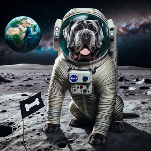Neapolitan Mastiff Astronaut Conquers Space with Bold Flag Planting