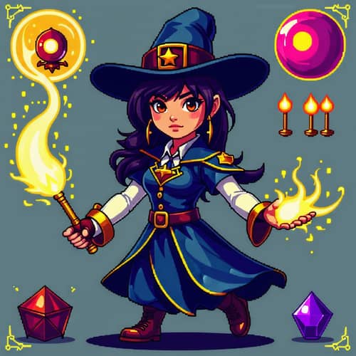 Detailed Sprite Sheet for Pixel Art-Style East Asian Female Magician Character