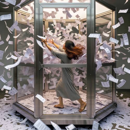 South Asian Woman Catching Swirling Coupons in Transparent Booth