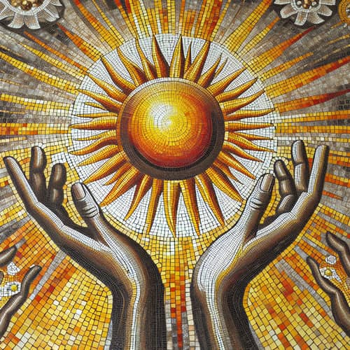 Brilliant Sun Mosaic with Reaching Hands - Sparkling Tile Art
