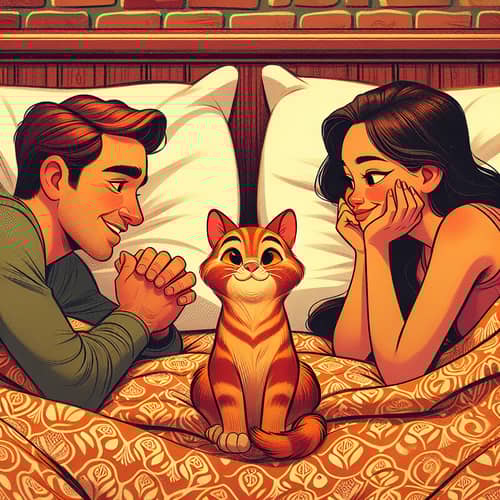 Disney-Style Couple Playfully Resting with Orange Cat | Cozy Scene