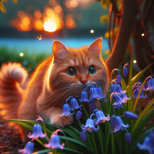 Playful Orange Cat Among Bluebells at Dusk