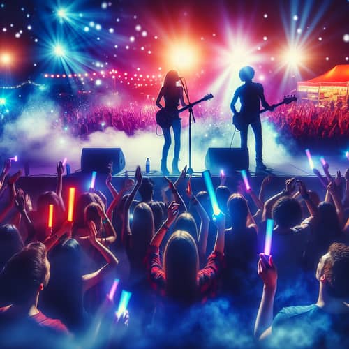 Thrilling Concert Scene: Energetic Band, Diverse Fans, Harmonious Moment