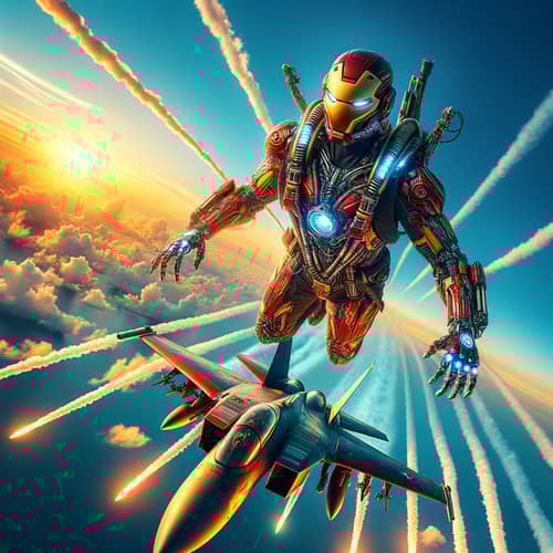 Mechanical Suit Flight Beside F14 Jet in Vibrant Sky