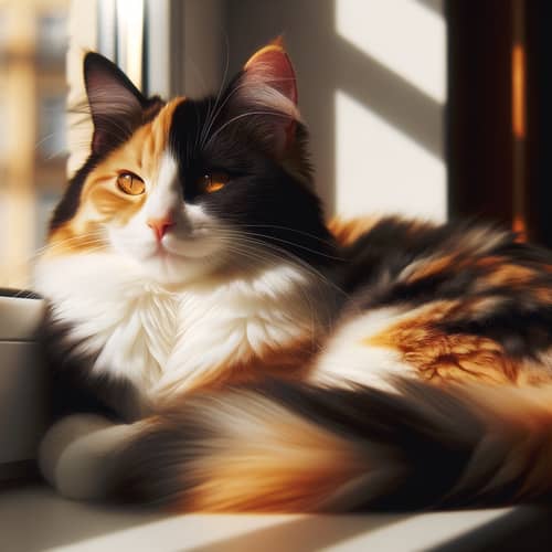 Calico Cat Basking in Sunlight on Window Sill