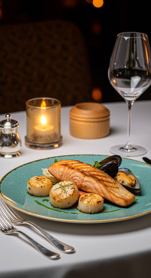 Elegant Seafood Dish: Salmon on Classy Table Setting