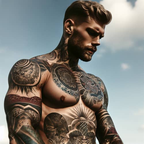Intricate Tattoos Adorning Athletic Caucasian Man