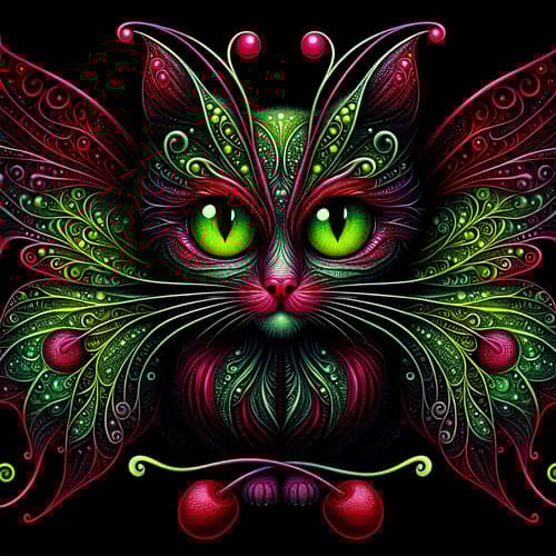 Cherry Red Cat with Neon Green Eyes and Butterfly Wings