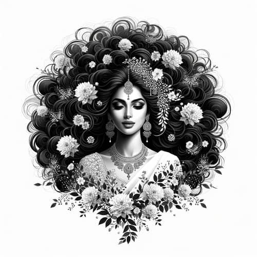 Contemporary Black and White Wall Art: South Asian Woman with Abundant Hair and Flowers