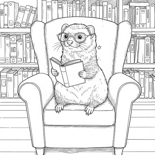 Ferret Reading in a Library - Coloring Page Art